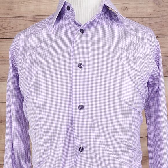 DAVID DONAHUE TRIM FIT PURPLE GINGHAM CHECK BUTTON DOWN DRESS SHIRT 16 34/35 - Picture 1 of 7